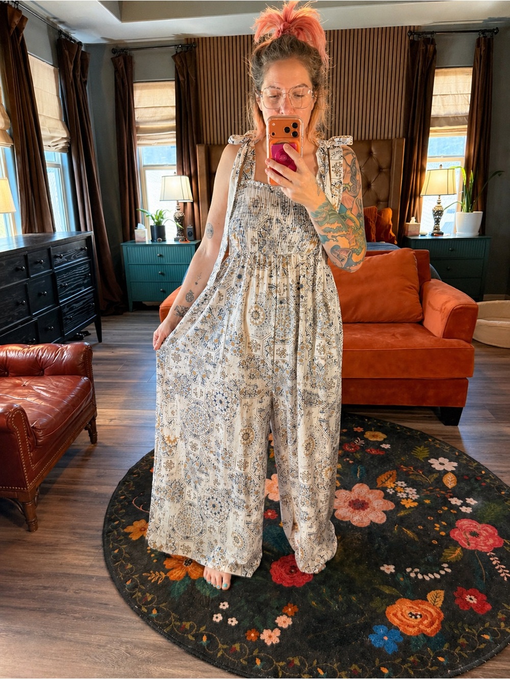 Three Bird Nest Cream and Blue Floral Smocked Jumpsuit NWT